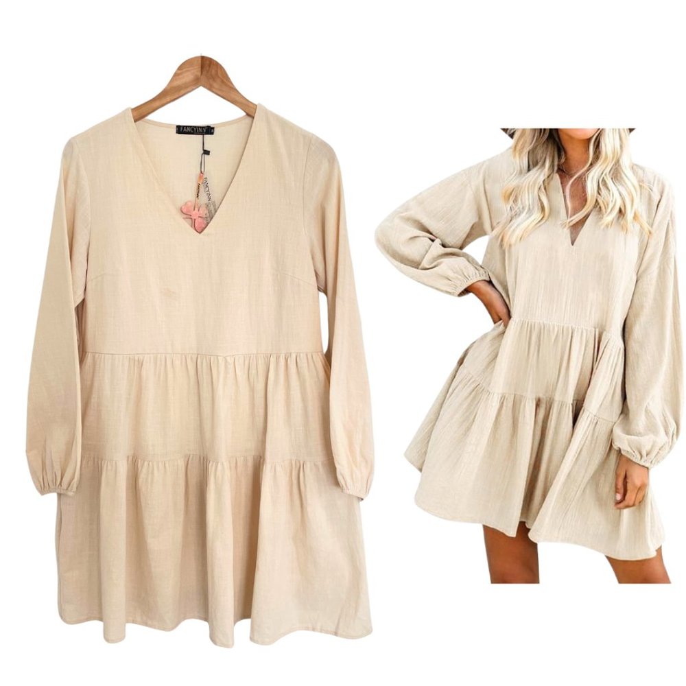 Babydoll Dress Women Medium Beige Boho Pockets V-Neck Tiered Cream Fancyinn